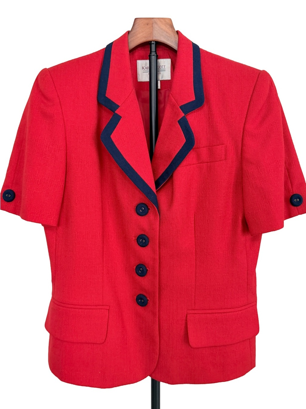 Vintage Karen Scott Red Short Sleeve Blazer Jacket Navy Blue Trim Shoulder Pads